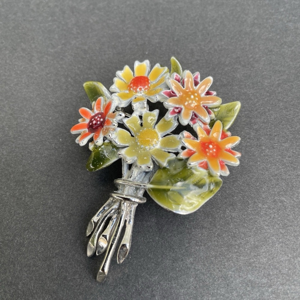 Vintage Liz Claiborne Colorful Enameled Flower Bouquet Silver Tone Brooch Event
